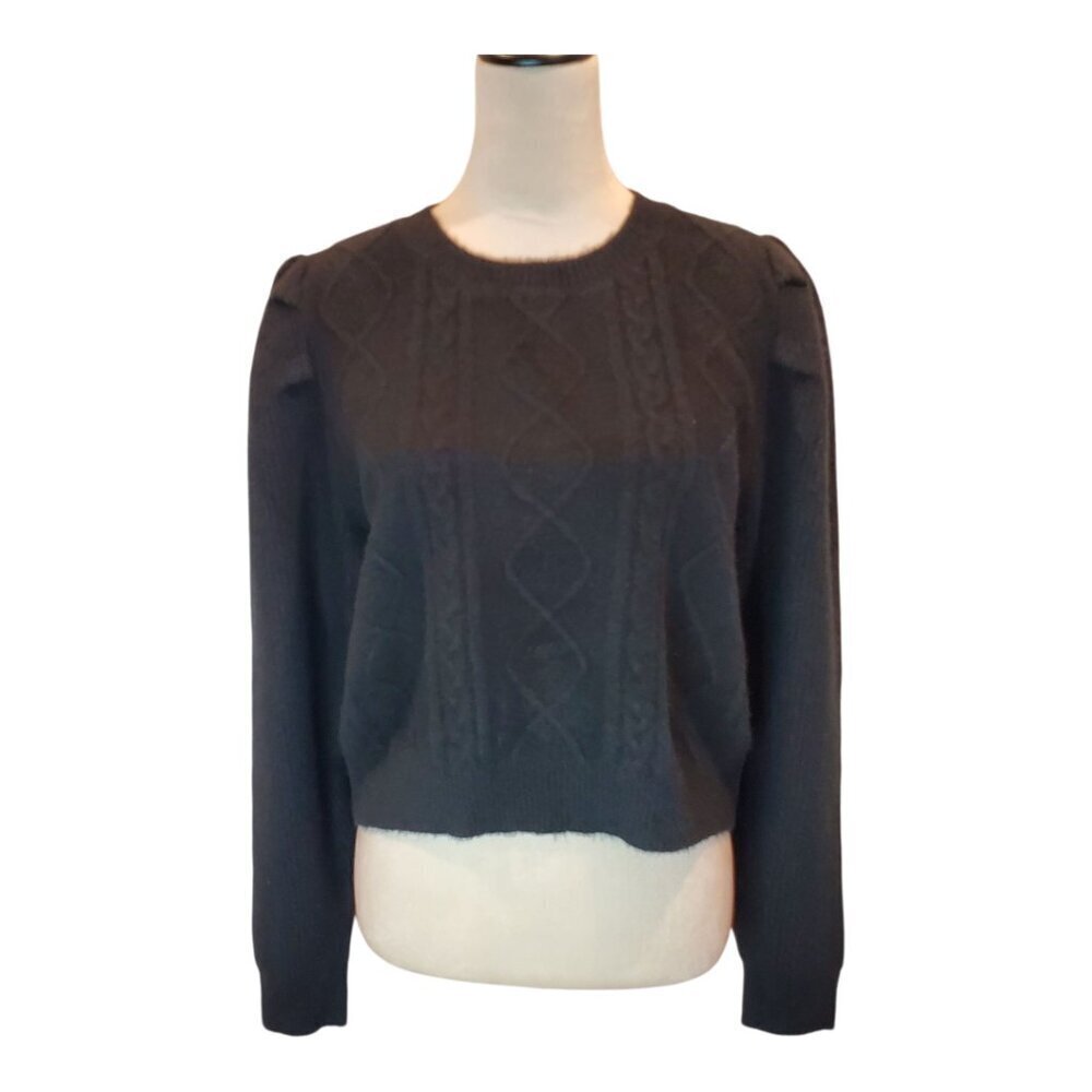 NEW THE DROP SZ L Women's Gloria Puff Sleeve Cable-Knit Sweater in Black